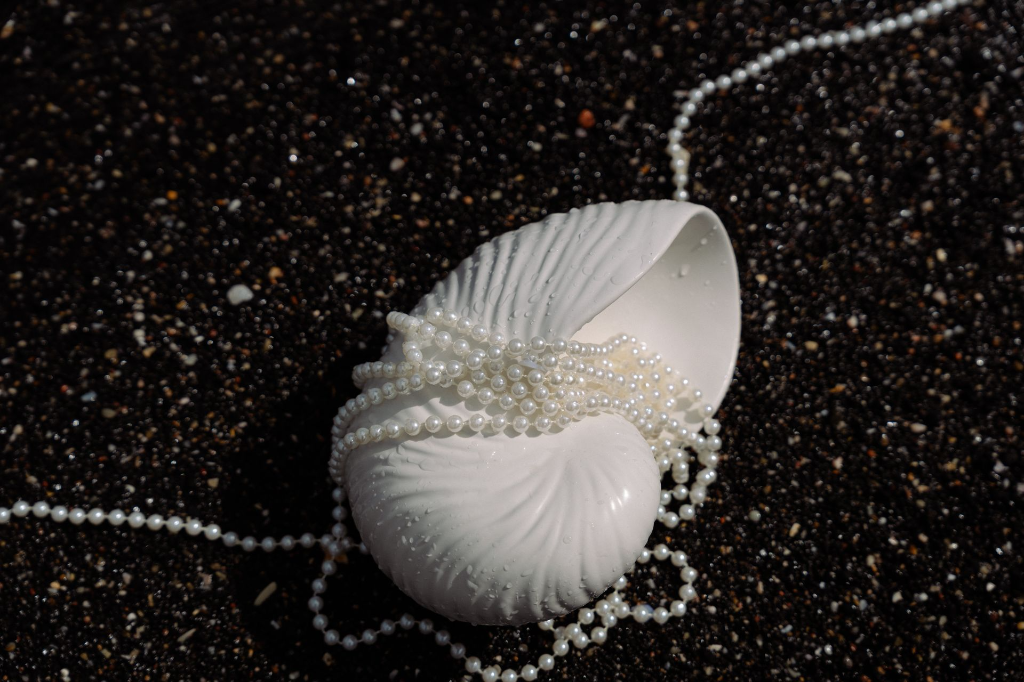coquillage nacré ouvert avec perles blanches sur sable sombre